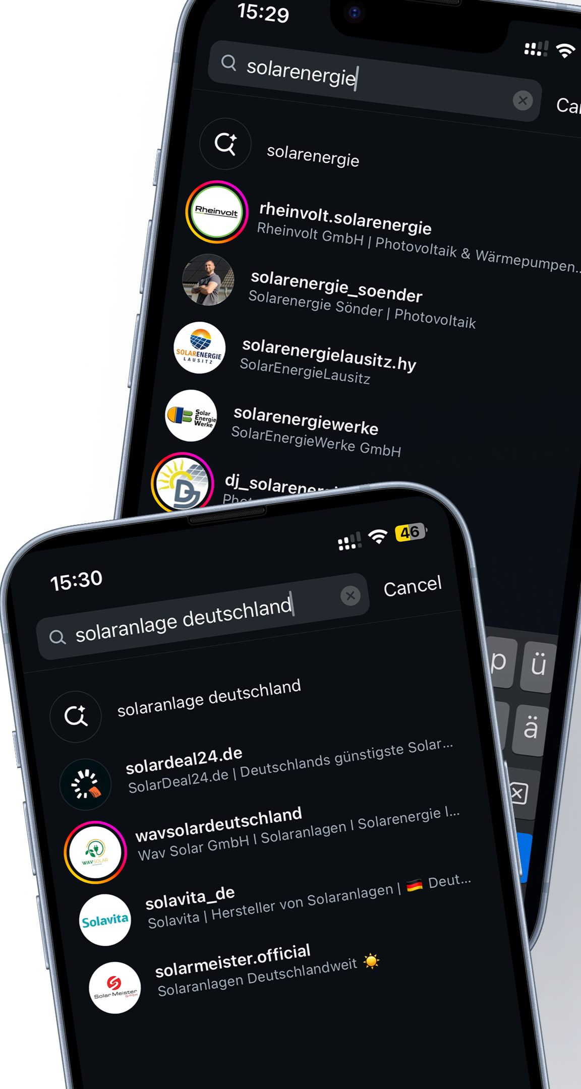 Mockups with screenshots from the instagram profile of a solar company